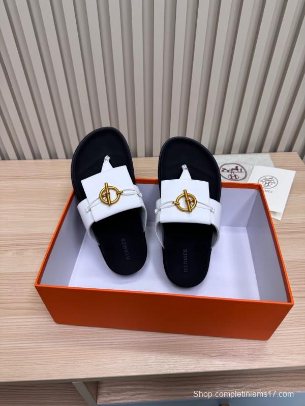 2025 Slippers Hermès White Black Leather Slippers