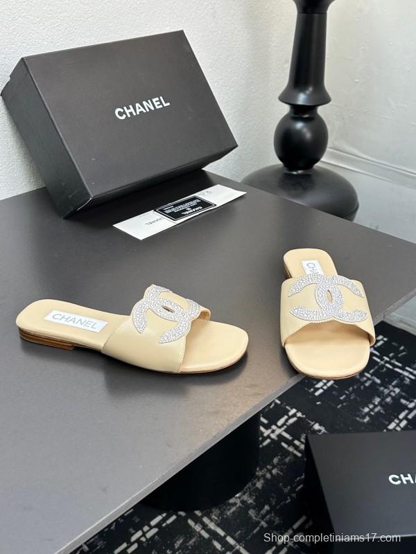 2025 Women CHANEL Beige Leather Slippers