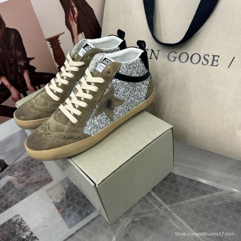 2024 Unisex Golden Goose Deluxe Brand Grey Silver Glitter Suede Leather High-Top Sneakers MJ00300