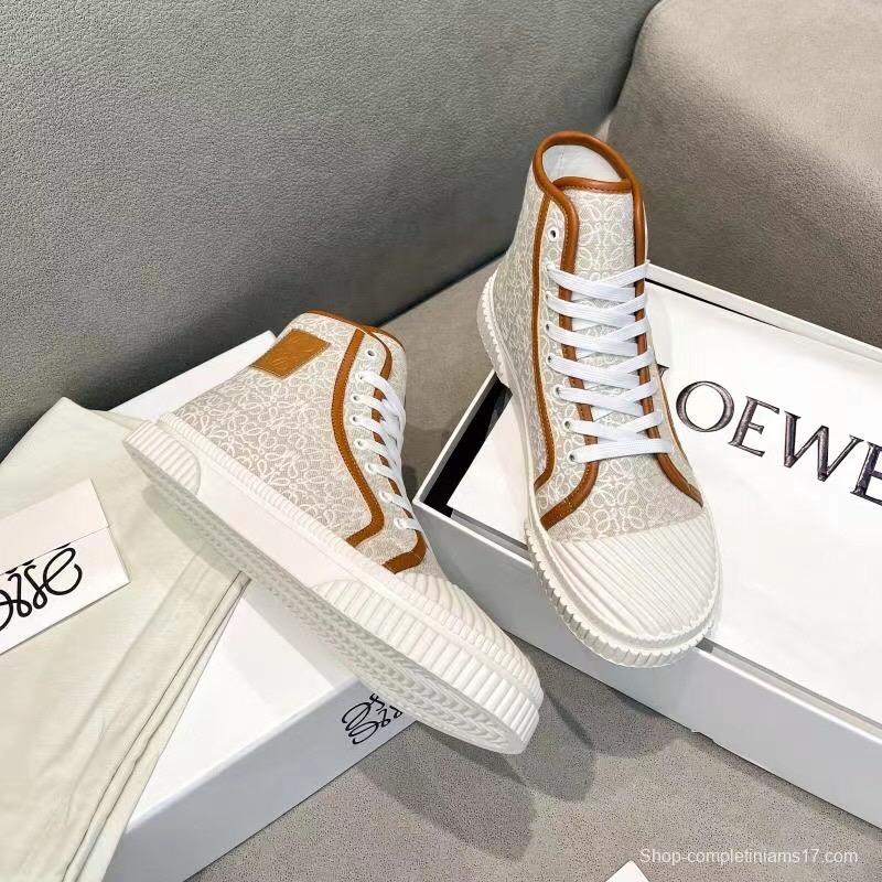 2025 Women Loewe White Brown Canvas High-top Sneakers LY00420