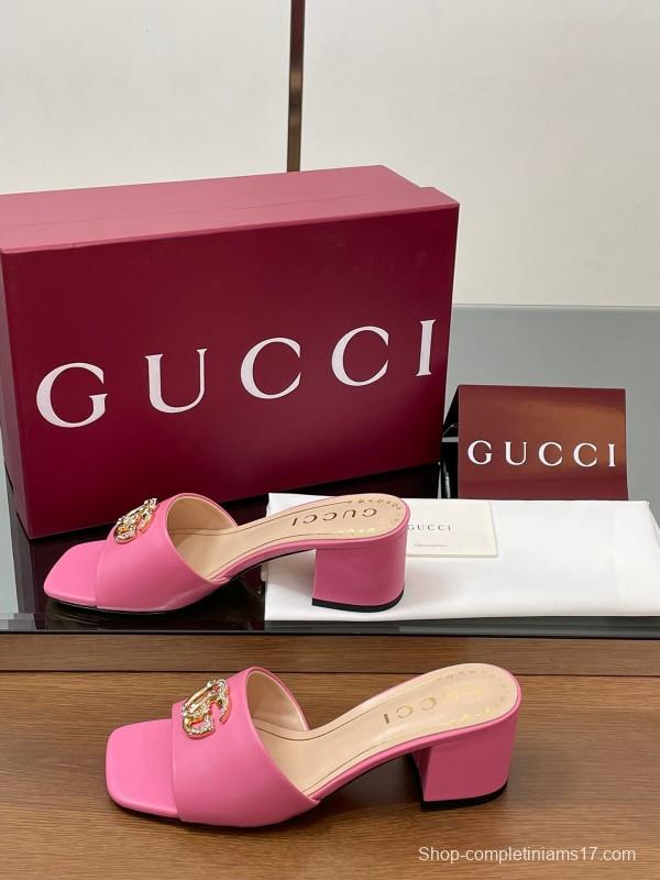 2025 Women Gucci Pink Lambskin Mid Heel Crystal GG Buckle Slide LY00280