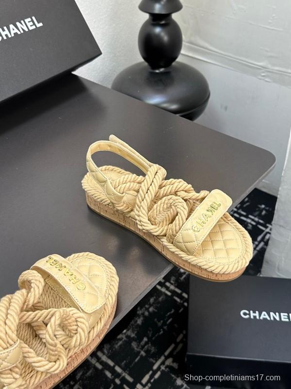 2025 Women Chanel Beige Rope Leather Slingback Sandals