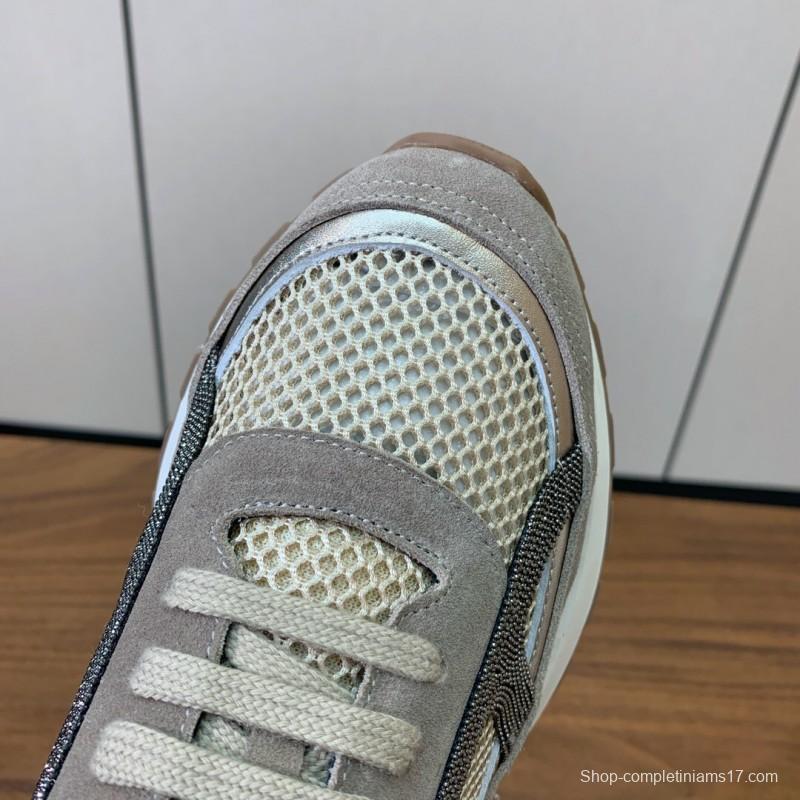2025 Women Brunello Cucinelli Beige Brown Mesh Leather Sneakers