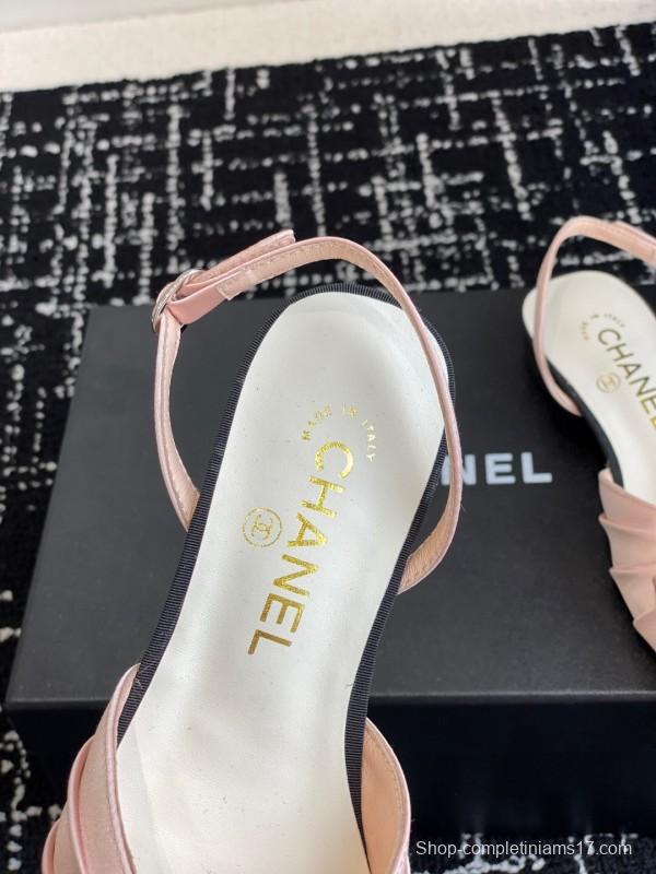 2025 Women Chanel Pink Black Silk Leather Sandals Satin Bow KFY00289