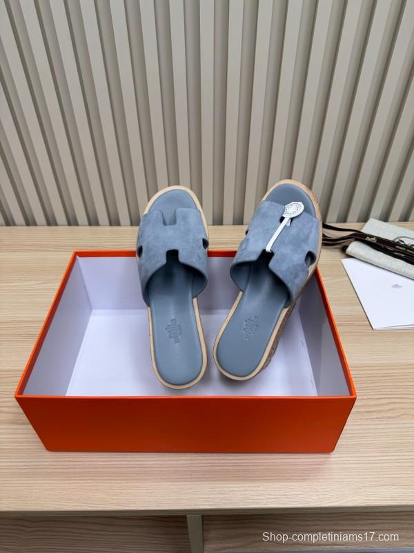 2025 Women Hermès Blue Suede Slippers