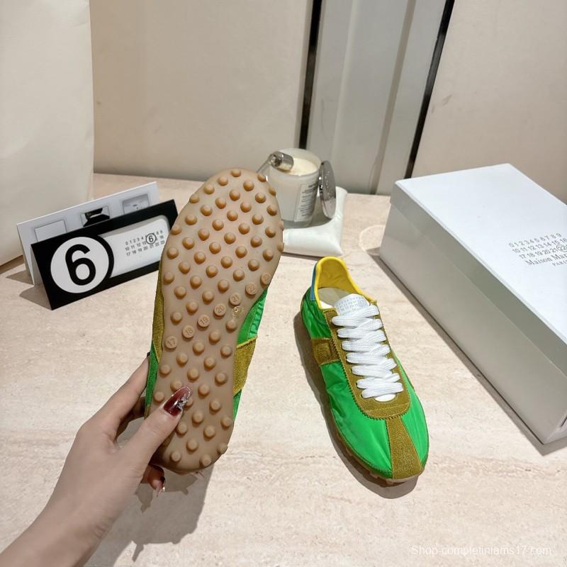 2025 Unisex Maison Margiela Green Yellow Leather Nylon Suede Sneakers Distressed