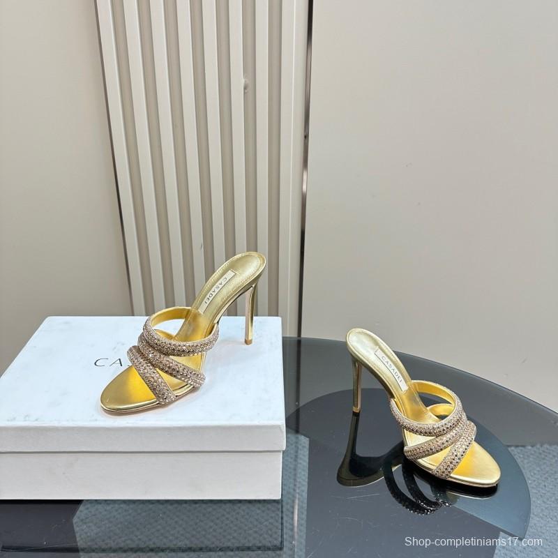 2025 Women Casadei Gold Glitter Leather High Heel Sandals
