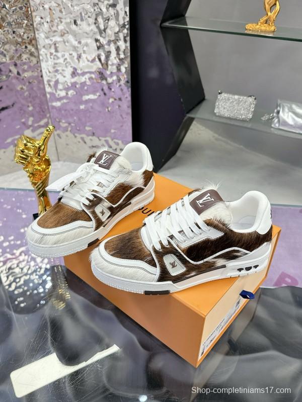 2024 Unisex Louis Vuitton Brown White Leather Calf Hair Plimsolls LV Trainer Maxi MJ00400