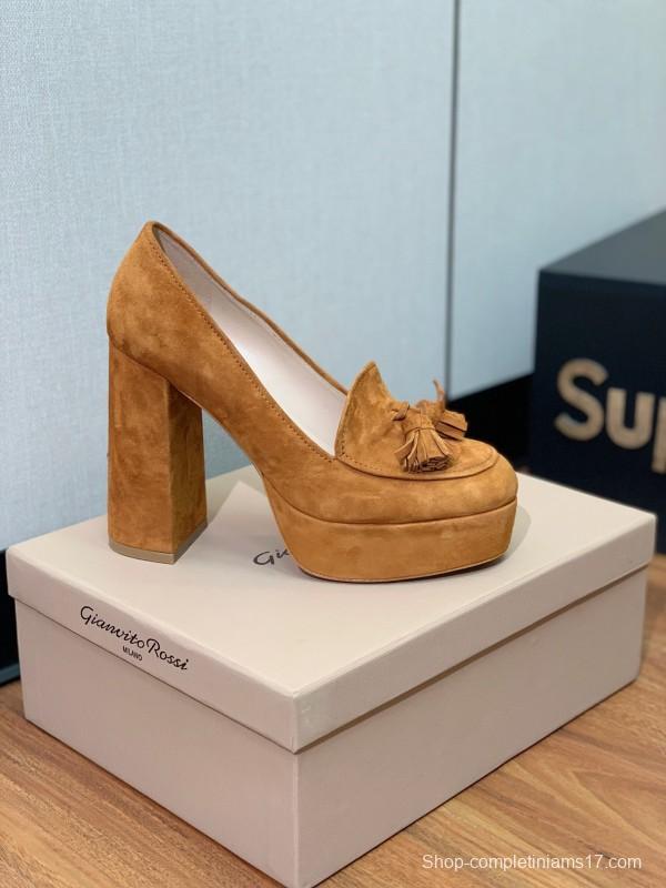 2025 Women Gianvito Rossi Brown Suede Platform Tassel Loafer