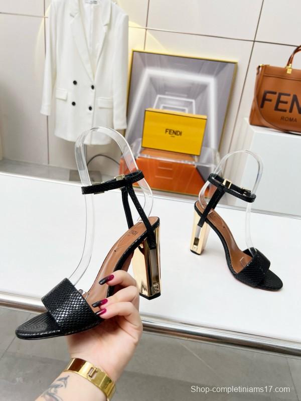2025 Women Fendi Black Leather High Heel Sandals MJ00251
