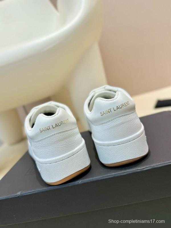 2024 Unisex Yves Saint Laurent White Silk Leather Sneakers Gold Hole Punch MJ00350