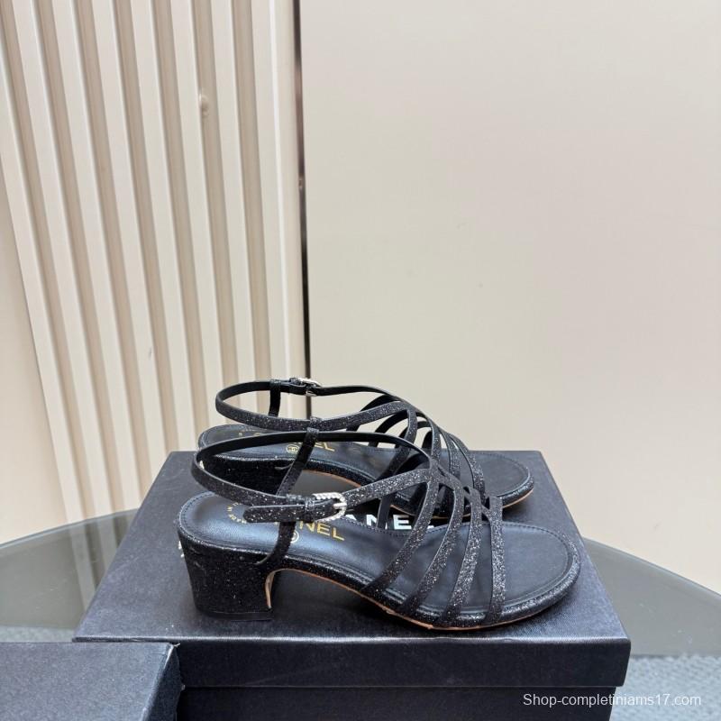 2025 Women Chanel Black Leather Sandals KFY00290