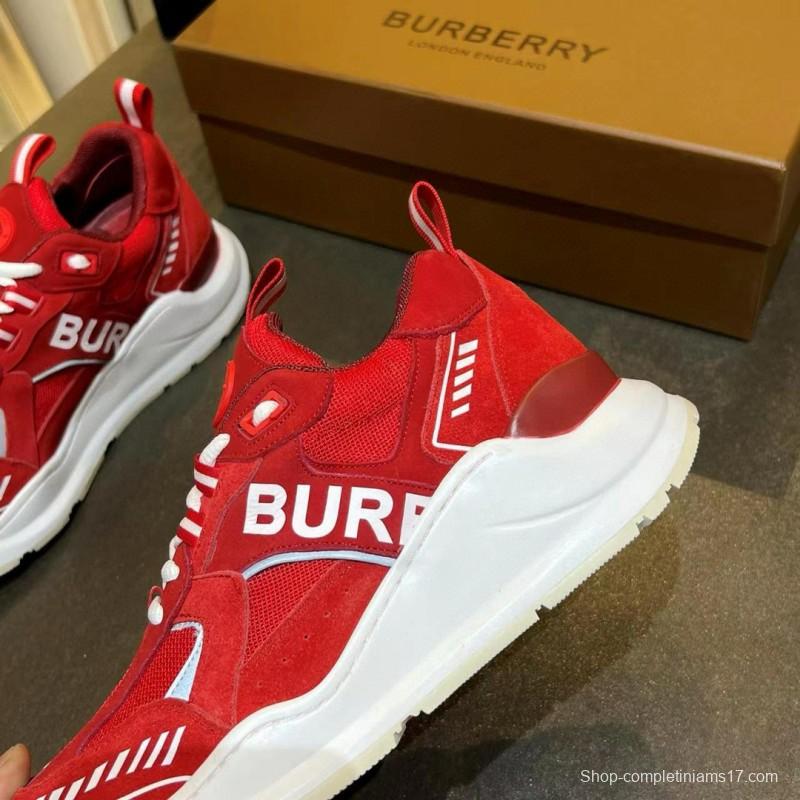 2025 Unisex Burberry Red Suede Leather Mesh Platform Sneakers MJ00380