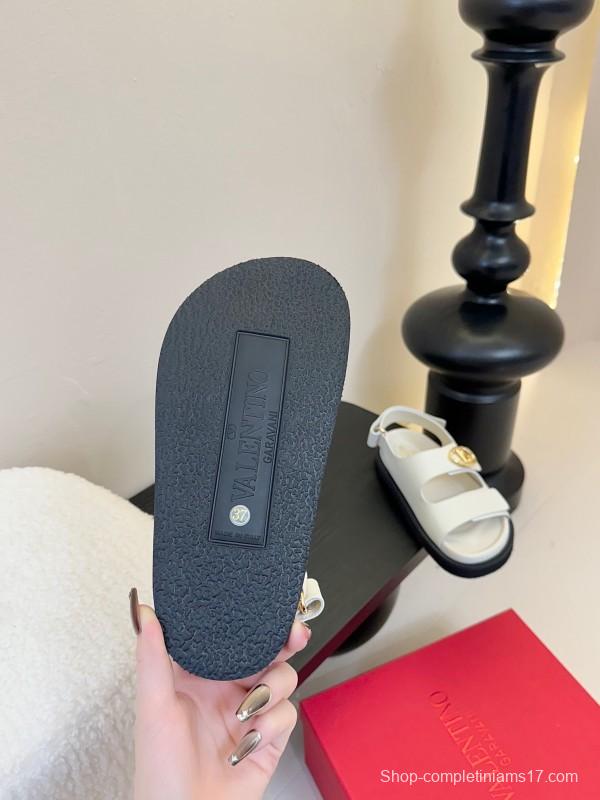 2025 Women Valentino White Leather Sandals V Buckle KFY00320