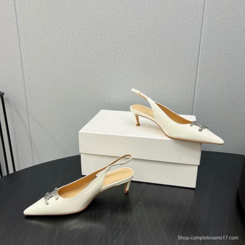 2025 Women Celine White Patent Leather Kitten Heel Pointed Toe Trimed KFY00290