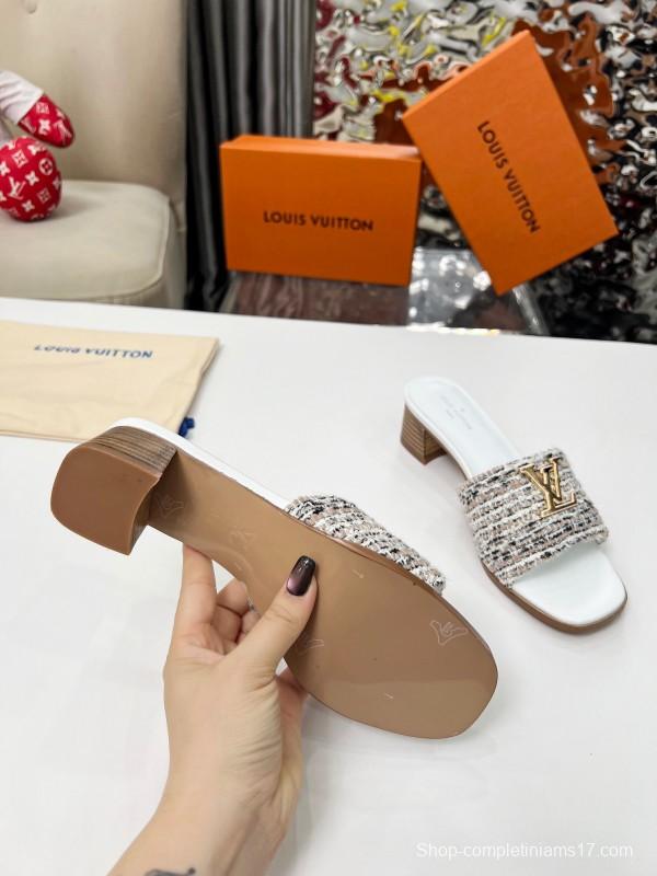 2025 Women Louis Vuitton White Brown Tweed Leather Sandals LY00220