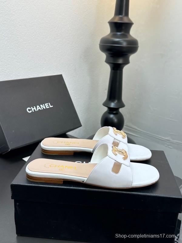 2025 Women Chanel White Leather Slippers