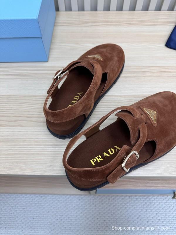 2025 Women Prada Brown Suede Slingback Buckle Sandals LY00280