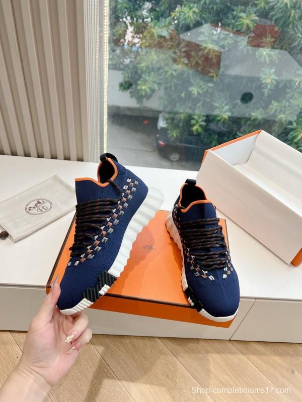 2024 Unisex Hermès Navy Orange Knit Leather Sneakers