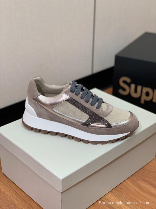 2025 Unisex Brunello Cucinelli Beige Grey Suede Mesh Sneakers LY