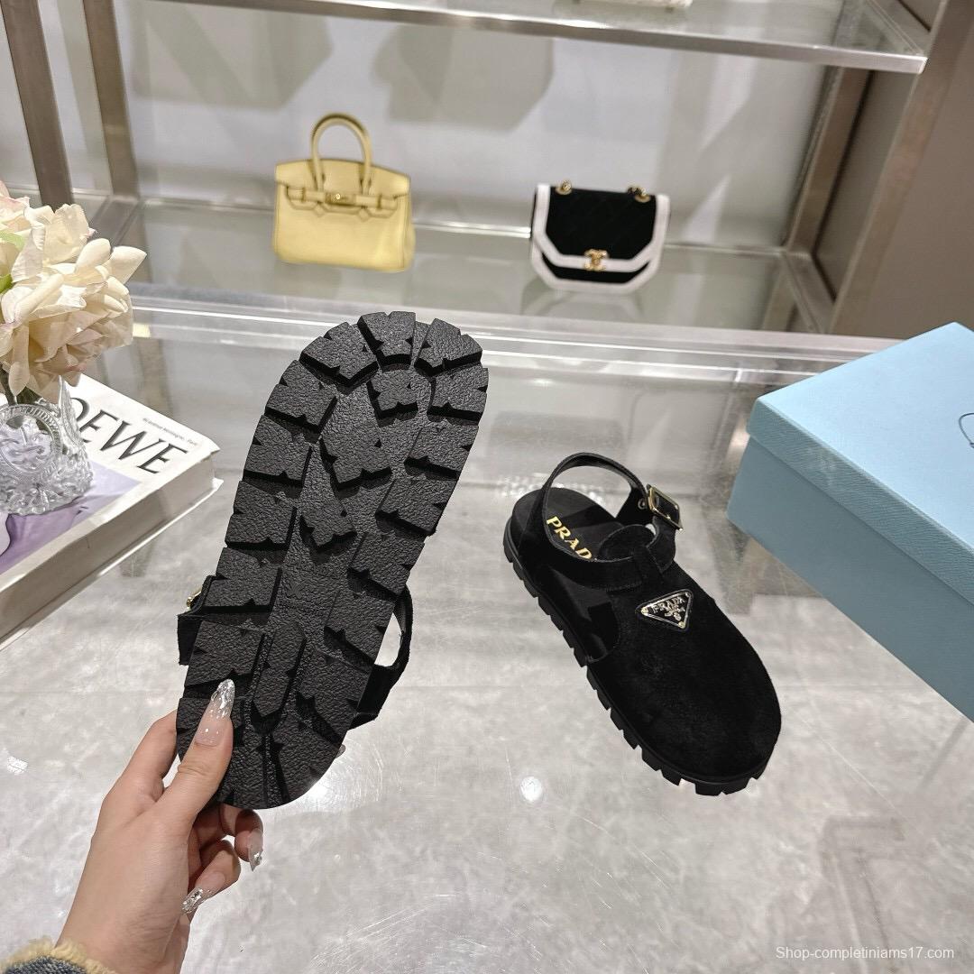 2025 Women Prada Black Suede Sandals LY00270