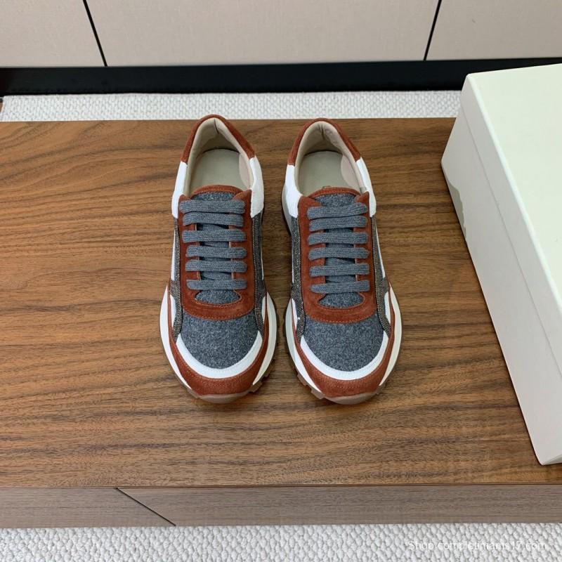 2025 Unisex Brunello Cucinelli Grey Brown White Suede Fabric Sneakers LY