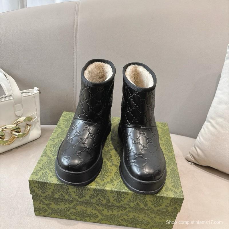 2024 Women Gucci Black Leather Suede Shearling Snow Boots MJ00350
