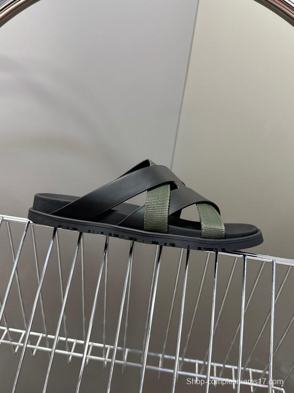 2025 Slippers Hermès Black Green Leather Fabric Slippers