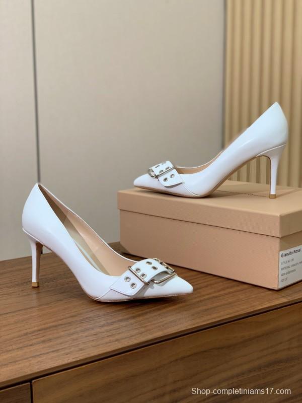 2025 Women Gianvito Rossi White Leather Buckle Pumps KFY00300
