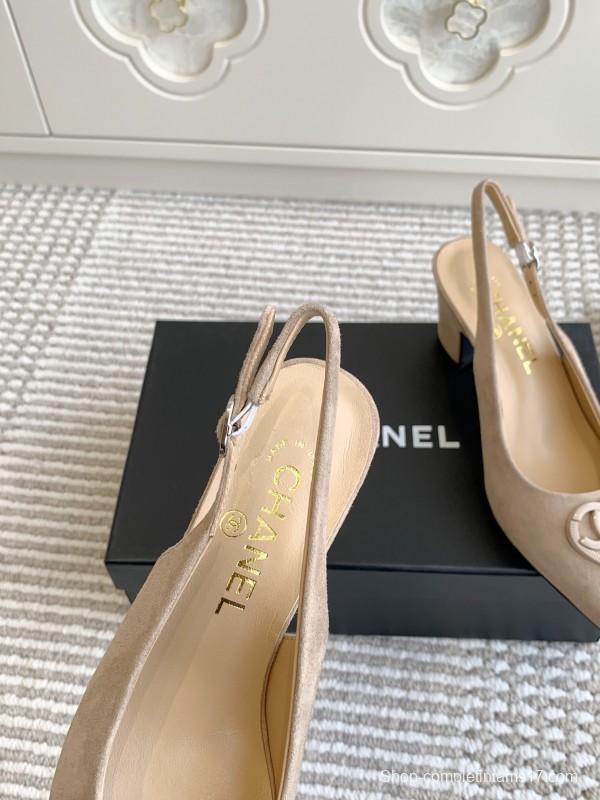 2025 Women Chanel Beige Suede Slingback Pointed Toe Heart CC Sandals