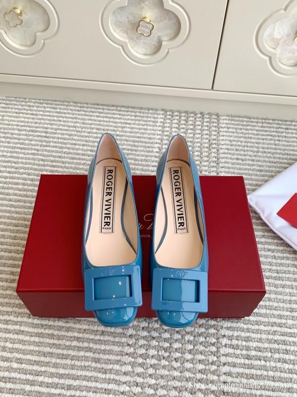 2025 Women Roger Vivier Blue Patent Leather Ballet Flat Square Buckle KFY00310