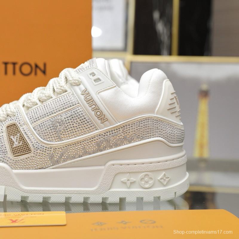 2024 Unisex Louis Vuitton White Crystal Trainer Leather Plimsolls High Temperature Pressing MJ00430