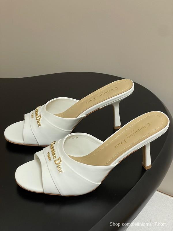 2025 Women Dior White Leather Mule Gold Hardware Slide