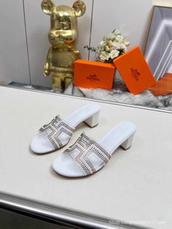 2025 Herme* White Leather Slippers Classic H Pattern MJ00180/215