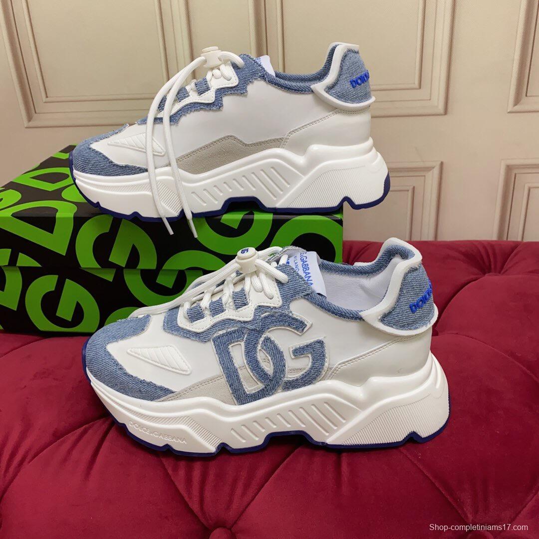 2025 Unisex Dolce & Gabbana White Blue Silk Leather Sneakers Exclusive Craft LY00330(F)/LY00340(M)