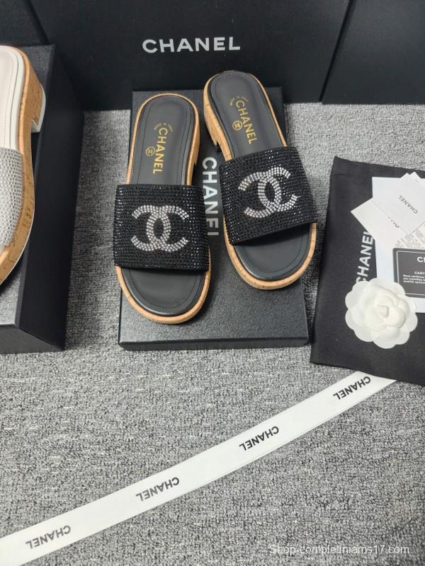 2025 Slippers Chanel Black Crystal Women