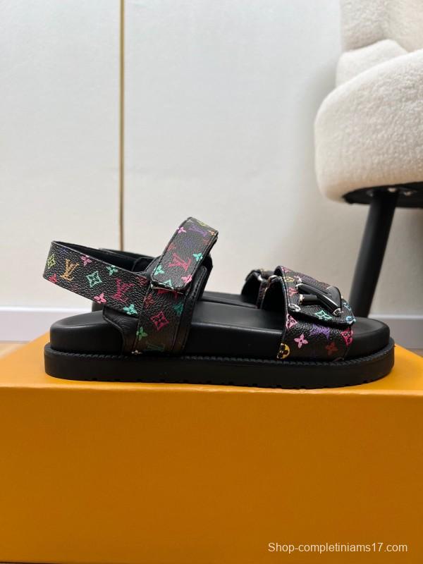 2025 Women Louis Vuitton Black Multicolor Canvas Sandals