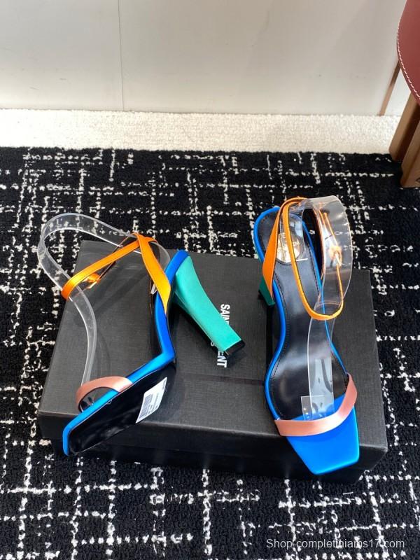 2025 Women Yves Saint Laurent Blue Orange Pink Leather Suede High Heel Sandals
