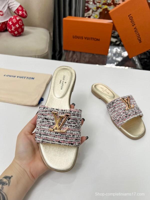 2025 Women Louis Vuitton Pink White Gold Fabric Leather Slippers