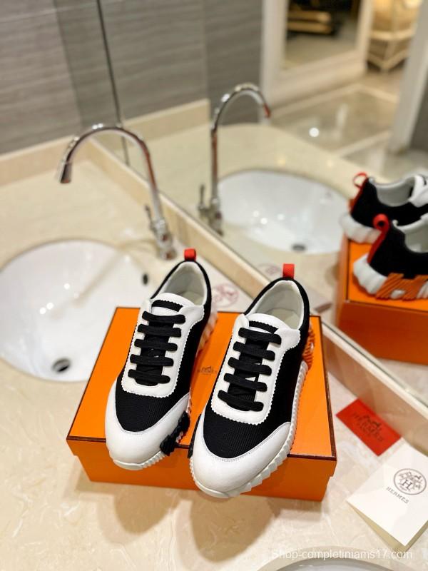2024 Unisex Hermès black white leather mesh sneakers