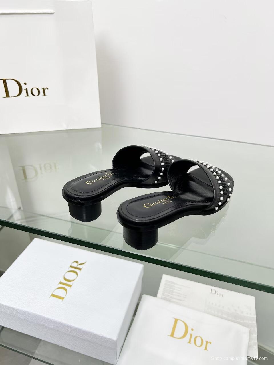 2025 Women Dior Black Leather Mules Pearl LY00210