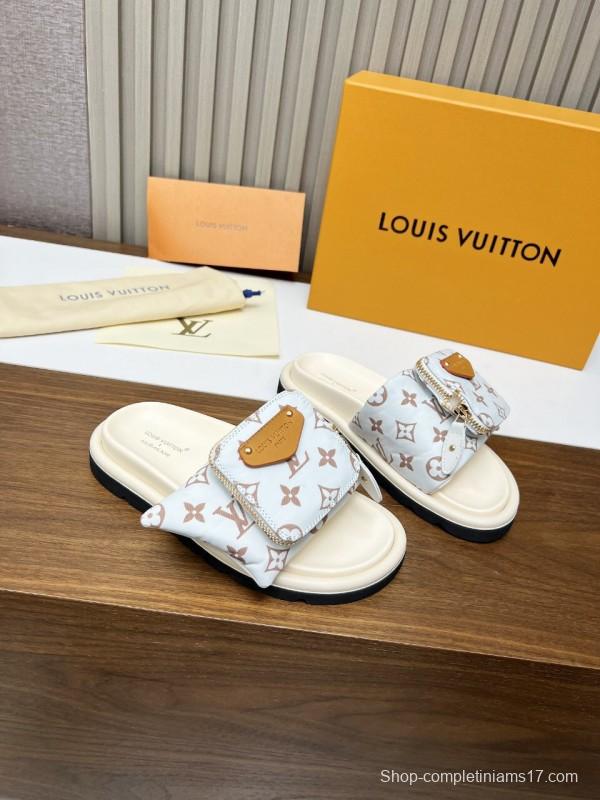 2025 Women Louis Vuitton White Brown Canvas Slippers KFY00230