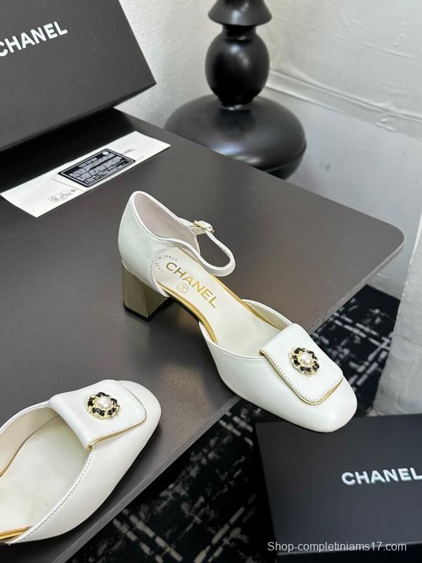 2025 Women Chanel White Leather Chunky Heel Metal Decoration LY00360