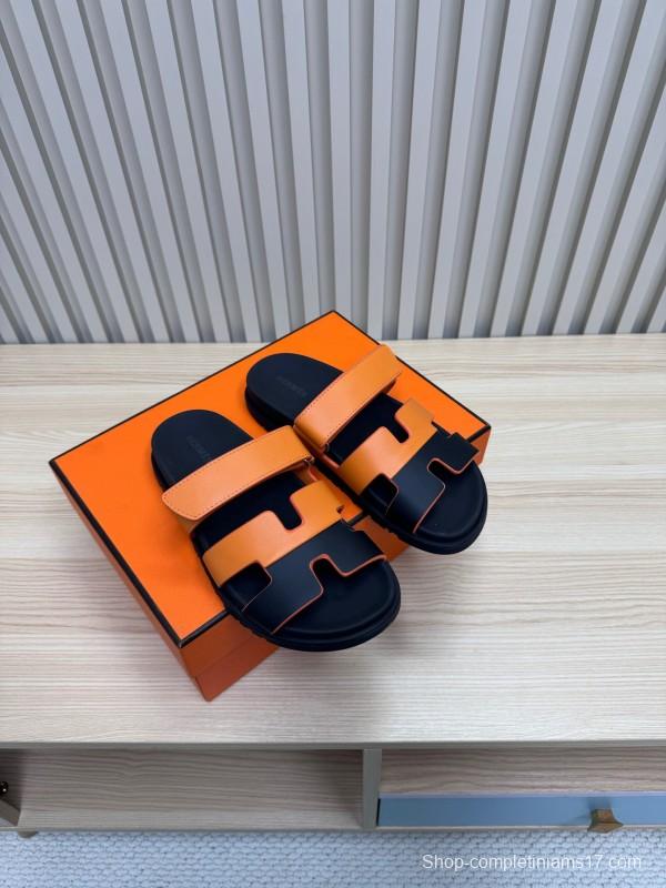 2025 Women Hermès Orange Black Leather Slippers