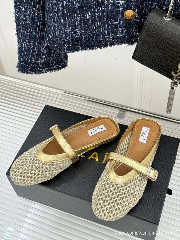 2025 Slippers AlAIA Gold Mesh Leather Slippers