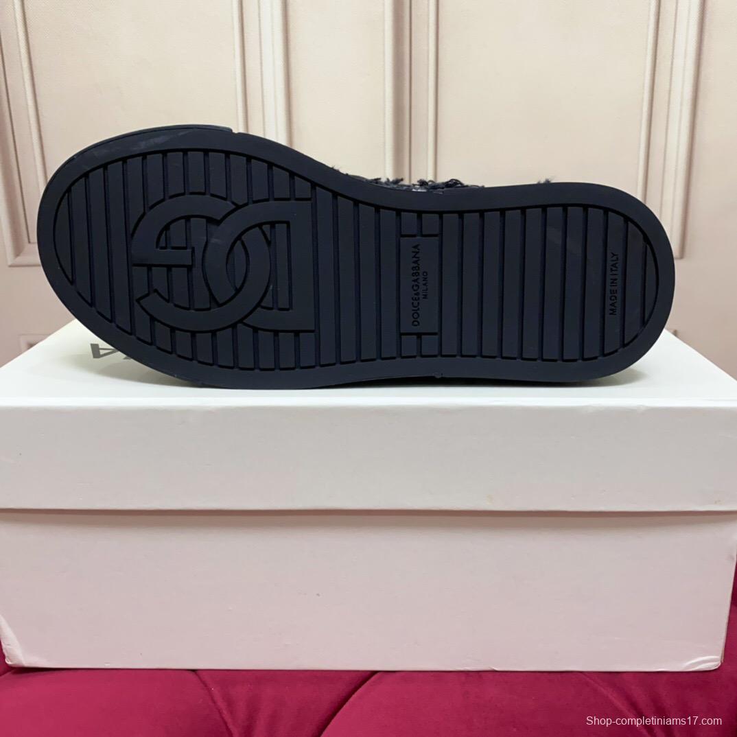 2025 Unisex Dolce & Gabbana Black White Fur Canvas Sneakers