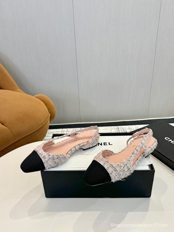 2025 Women Chanel Pink Black Mixed Leather Tweed Slingback Flats