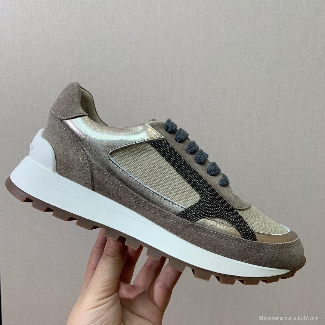 2025 Unisex Brunello Cucinelli Beige Grey Suede Mesh Sneakers LY