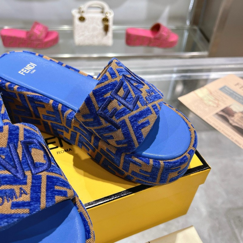 2025 Fendi Blue Brown Canvas Slippers