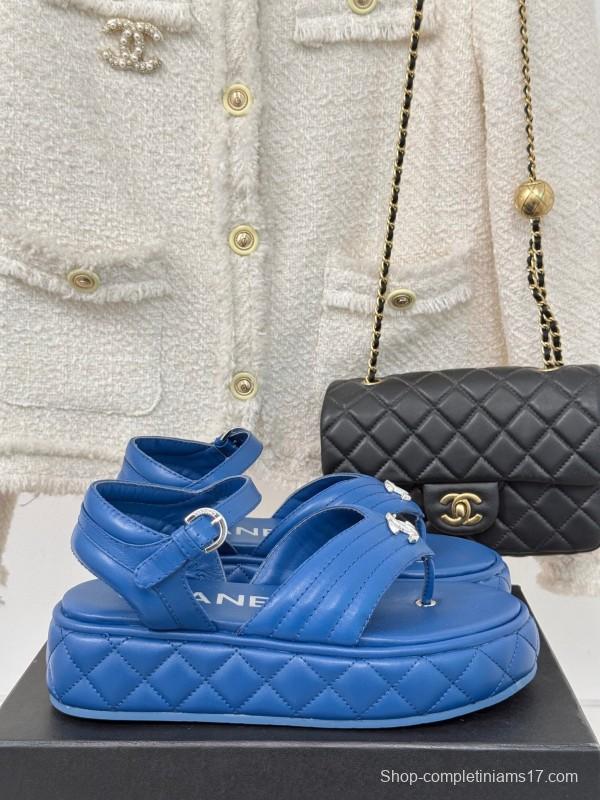 2025 Women Chanel Blue Leather Platform Sandals